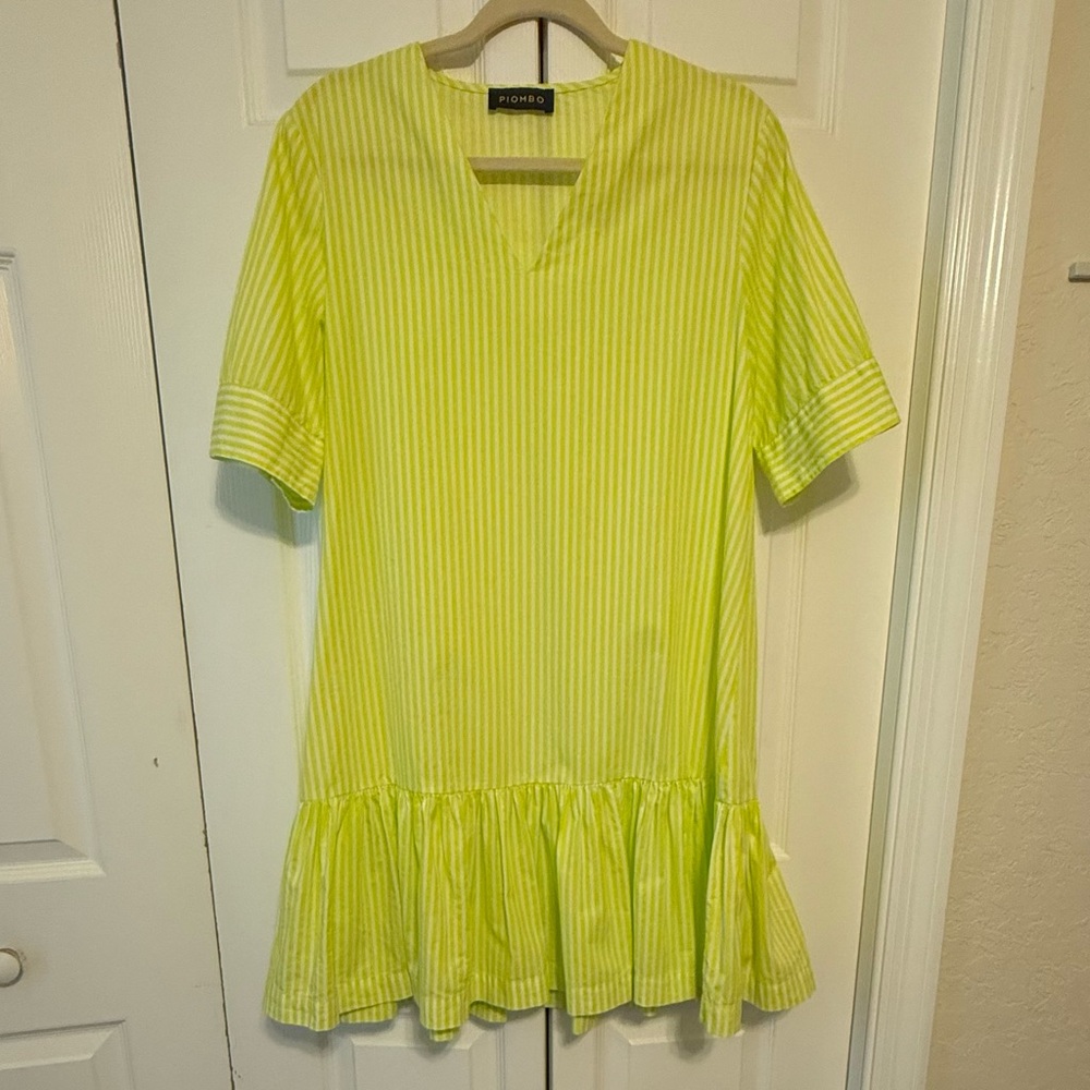 Cotton V-neck Popover Flounce Hem Dress, Lime Green and White, Size Small